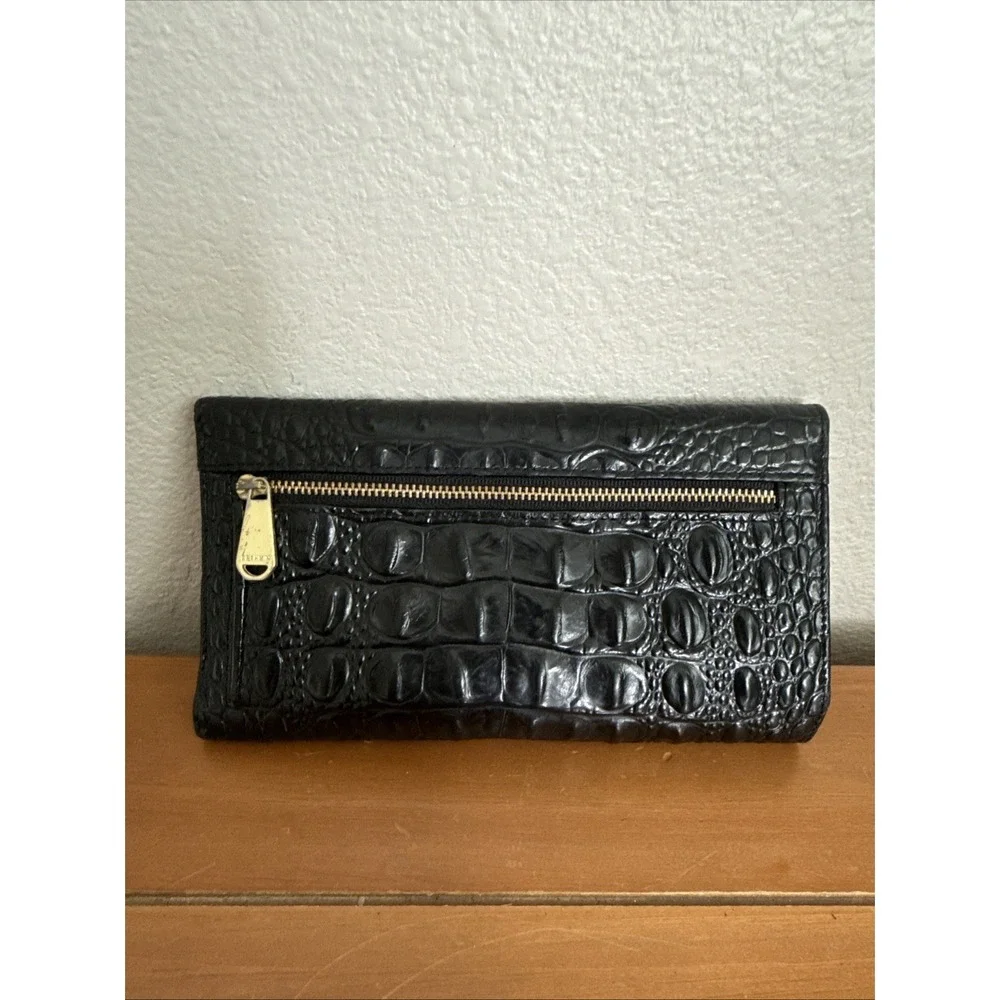 Brahmin Black Melbourne Tri Fold Wallet Croc Embossed Leather Pre-Owned